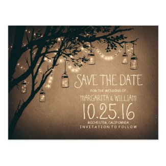 rustic country lights mason jars save the date postcard