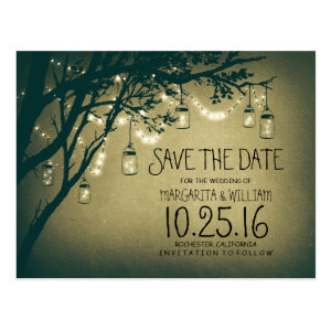 rustic country lights mason jars save the date postcard