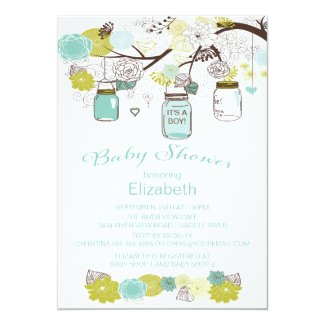 Rustic Country Mason Jar Boys Baby Shower 5x7 Paper Invitation Card