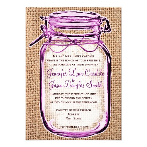 Rustic Country Mason Jar Burlap Wedding Invitation