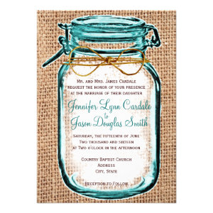 Rustic Country Mason Jar Burlap Wedding Invitation Custom Invites