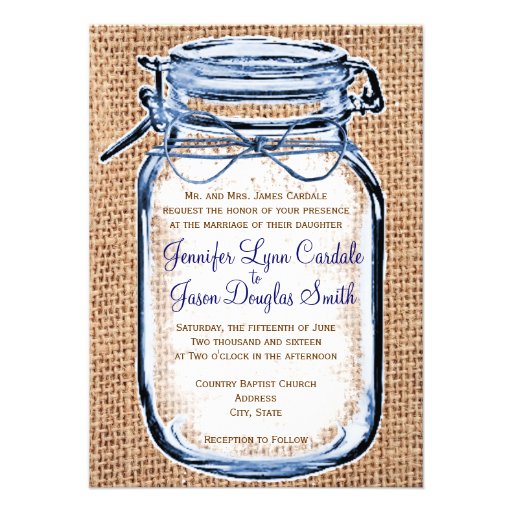 Rustic Country Mason Jar Burlap Wedding Invitation