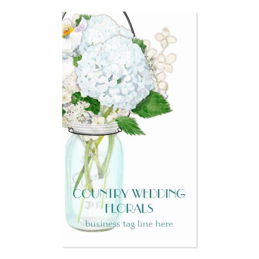 Rustic Country Mason Jar Flowers White Hydrangeas Business Cards (front side)