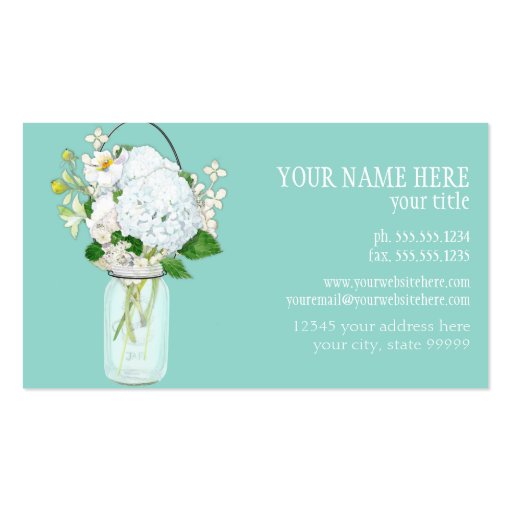 Rustic Country Mason Jar Flowers White Hydrangeas Business Card (back side)