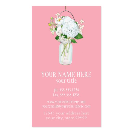 Rustic Country Mason Jar Flowers White Hydrangeas Business Cards (back side)