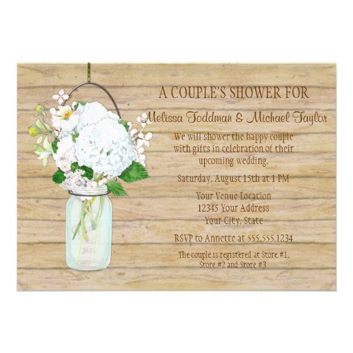 Rustic Country Mason Jar Flowers White Hydrangeas Custom Invites
