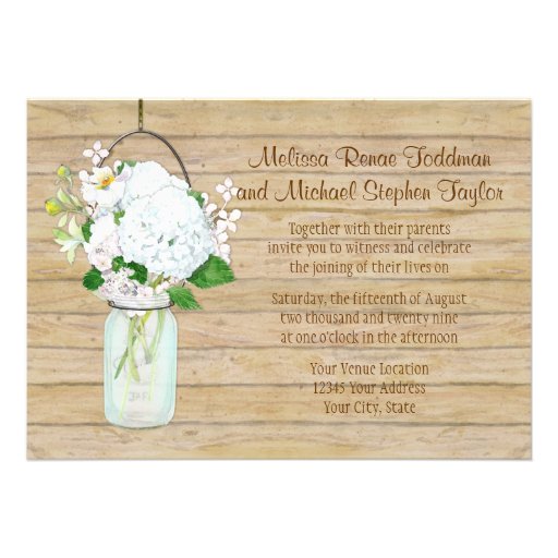 Rustic Country Mason Jar Flowers White Hydrangeas Personalized Invitation