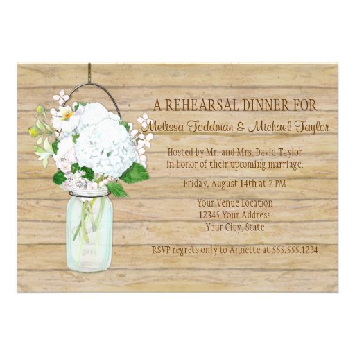 Rustic Country Mason Jar Flowers White Hydrangeas Custom Invitation