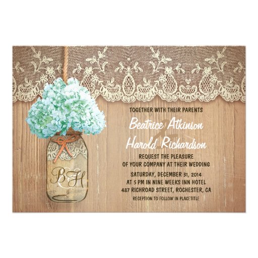rustic country mason jar hydrangea wedding card (front side)