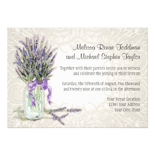 Rustic Country Mason Jar Lace n Lavender Floral Custom Invitations