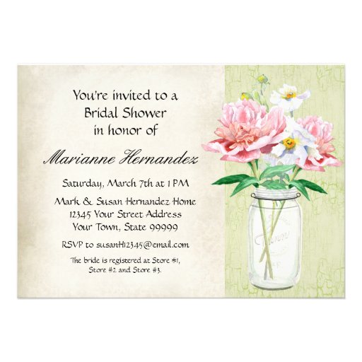 Rustic Country Mason Jar Peony Poppy Bouquet Pink Personalized Invites