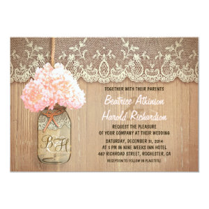rustic country mason jar pink hydrangea wedding announcements