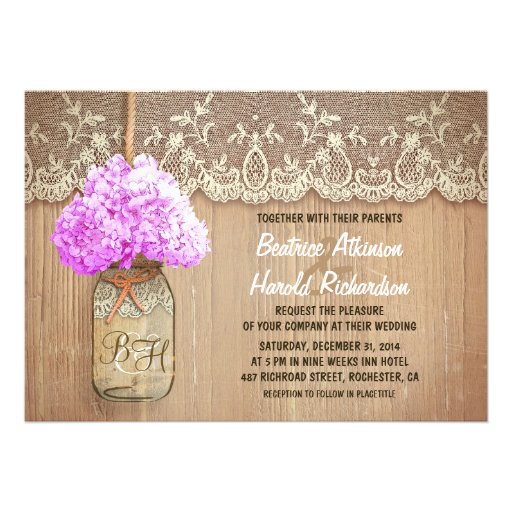 rustic country mason jar purple hydrangea wedding invites