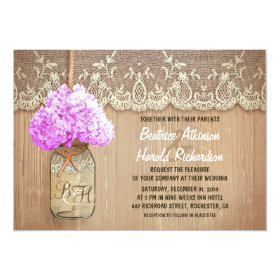 rustic country mason jar purple hydrangea wedding 5x7 paper invitation card