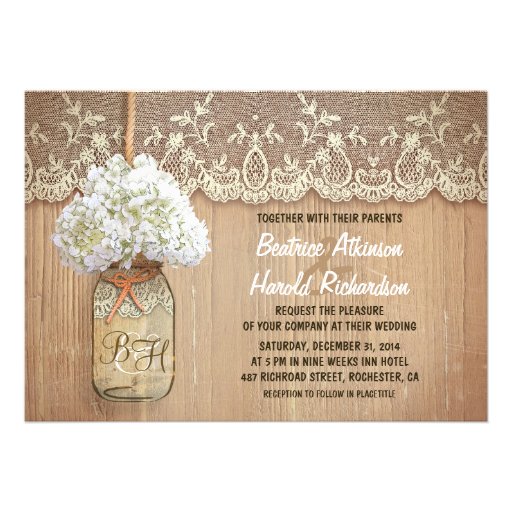 rustic country mason jar white hydrangea wedding invitation
