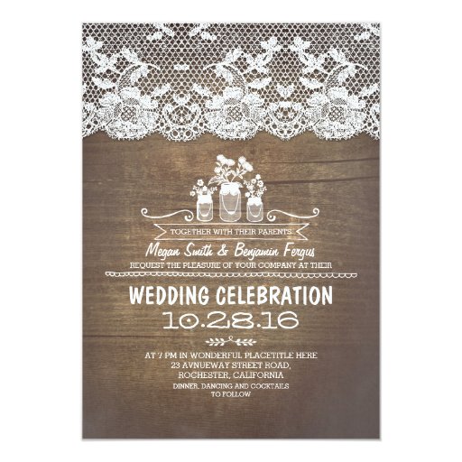 Rustic country mason jars wood lace wedding invite (front side)