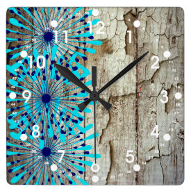 Rustic Country Old Barn Wood Teal Blue Flowers Wall Clocks
