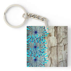 Rustic Country Old Barn Wood Teal Blue Flowers Square Acrylic Key Chain