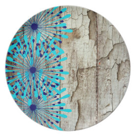 Rustic Country Old Barn Wood Teal Blue Flowers Plate