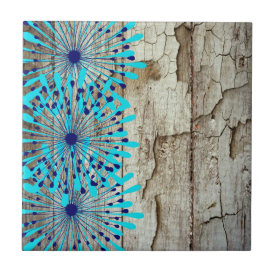 Rustic Country Old Barn Wood Teal Blue Flowers Tile