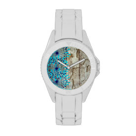 Rustic Country Old Barn Wood Teal Blue Flowers Wristwatches