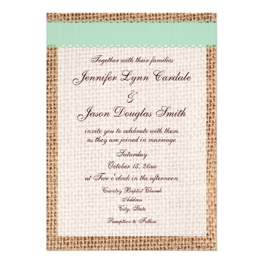 Rustic Country Printed Burlap Sage Ribbon Wedding Personalized Invites