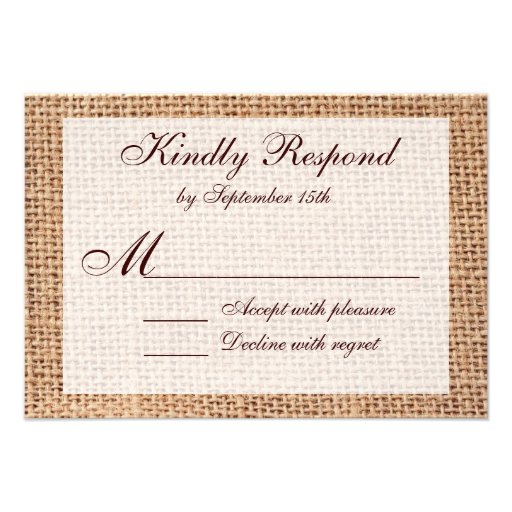Rustic Country Printed Burlap Wedding RSVP Cards from Zazzle.