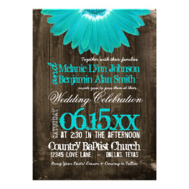 Rustic Country Teal Daisy Wood Wedding Invitations