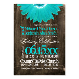 Rustic Country Teal Daisy Wood Wedding Invitations Personalized Invites