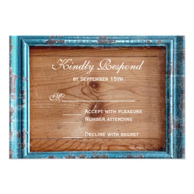 Rustic Country Teal Frame Wood Wedding RSVP Cards
