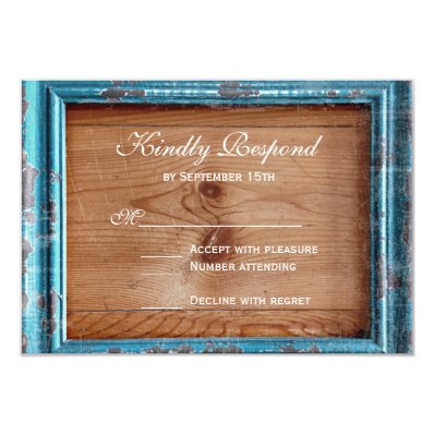 Rustic Country Teal Frame Wood Wedding RSVP Cards Invites