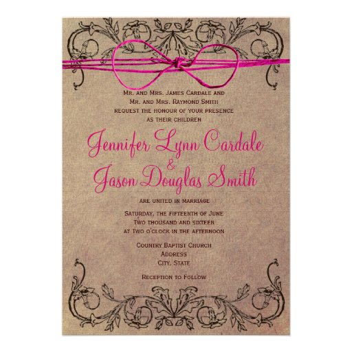 Rustic Country Vintage Brown Pink Wedding Invites