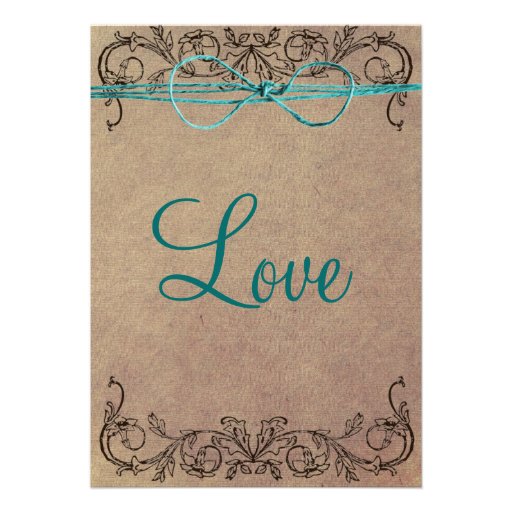 Rustic Country Vintage Brown Teal Wedding Invites