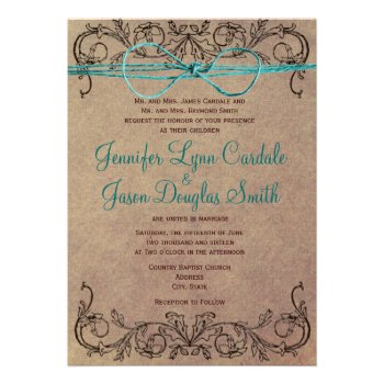 Rustic Country Vintage Brown Teal Wedding Invites