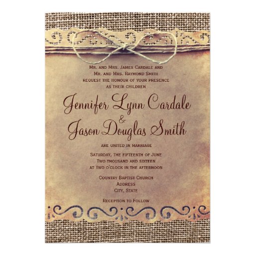 Rustic Country Vintage Burlap Wedding Invitations (front side)