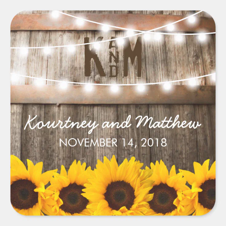 Rustic Country Wedding Sunflower String Lights Square Sticker Zazzle