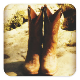 Rustic Country Western Cowboy Boots in Sunlight Square Stickers