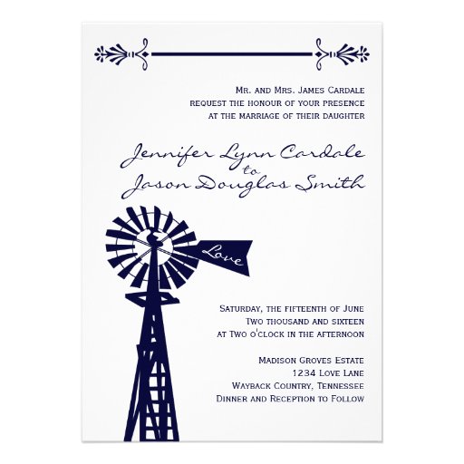 Rustic Country Windmill Navy Wedding Invitations