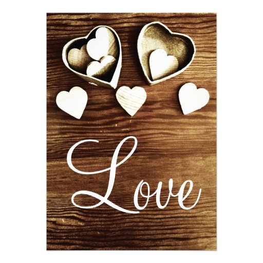 Rustic Country Wood Grain Hearts Wedding Invites