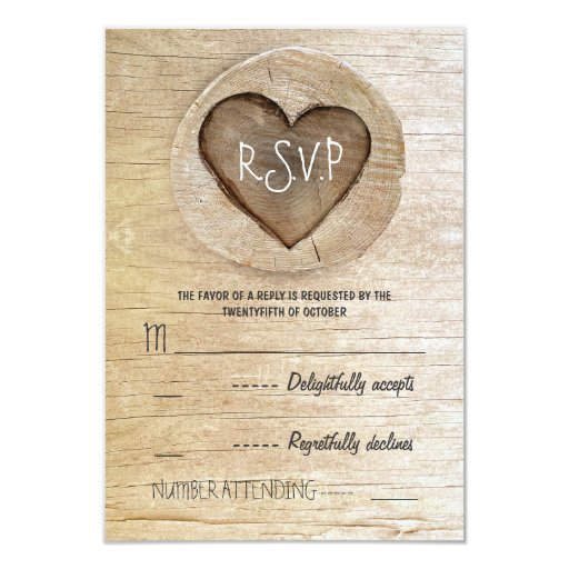 Rustic country wood heart wedding RSVP cards 3.5" X 5 ...