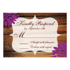 Rustic Country Wood Purple Flower Wedding RSVP Custom Announcements
