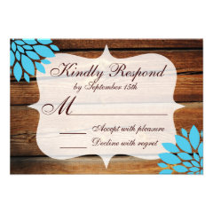 Rustic Country Wood Teal Flower Wedding RSVP Card