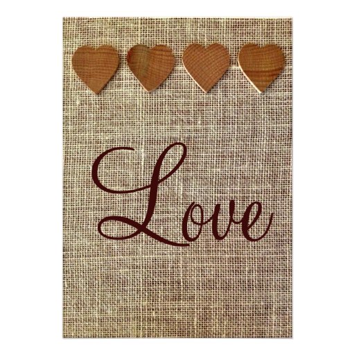 Rustic Country Wooden Hearts Burlap Wedding Invite