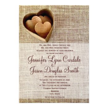 Rustic Country Wooden Hearts Burlap Wedding Invite