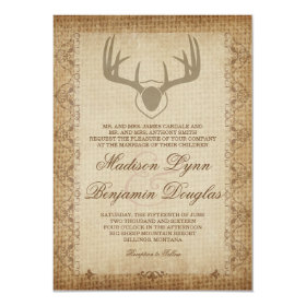 Rustic Deer Antlers Hunting Burlap Wedding Invites 4.5