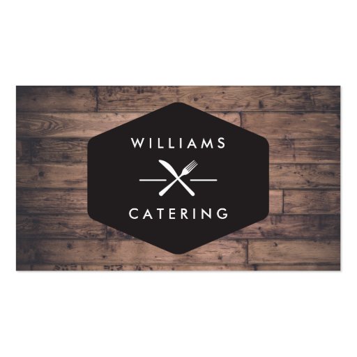 Rustic Distressed Wood Fork Knife Intersect Logo 2 Business Card Template (front side)