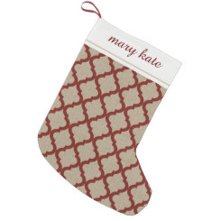Rustic Faux Burlap and Red Moroccan Quatrefoil Small Christmas Stocking