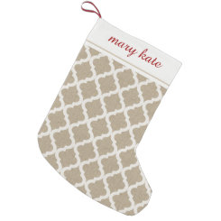 Rustic Faux Burlap and White Moroccan Quatrefoil Small Christmas Stocking