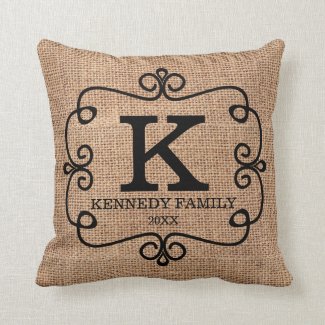 Rustic Faux Burlap Family Name Monogrammed Throw Pillows