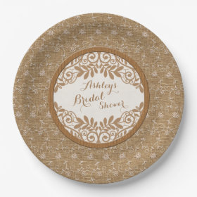 Rustic Faux Burlap Lace Wood Wedding Bridal Shower 9 Inch Paper Plate